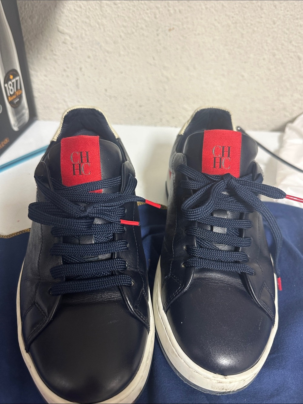 Carolina Herrera Navy Leather Sneakers with Red Logo Tabs